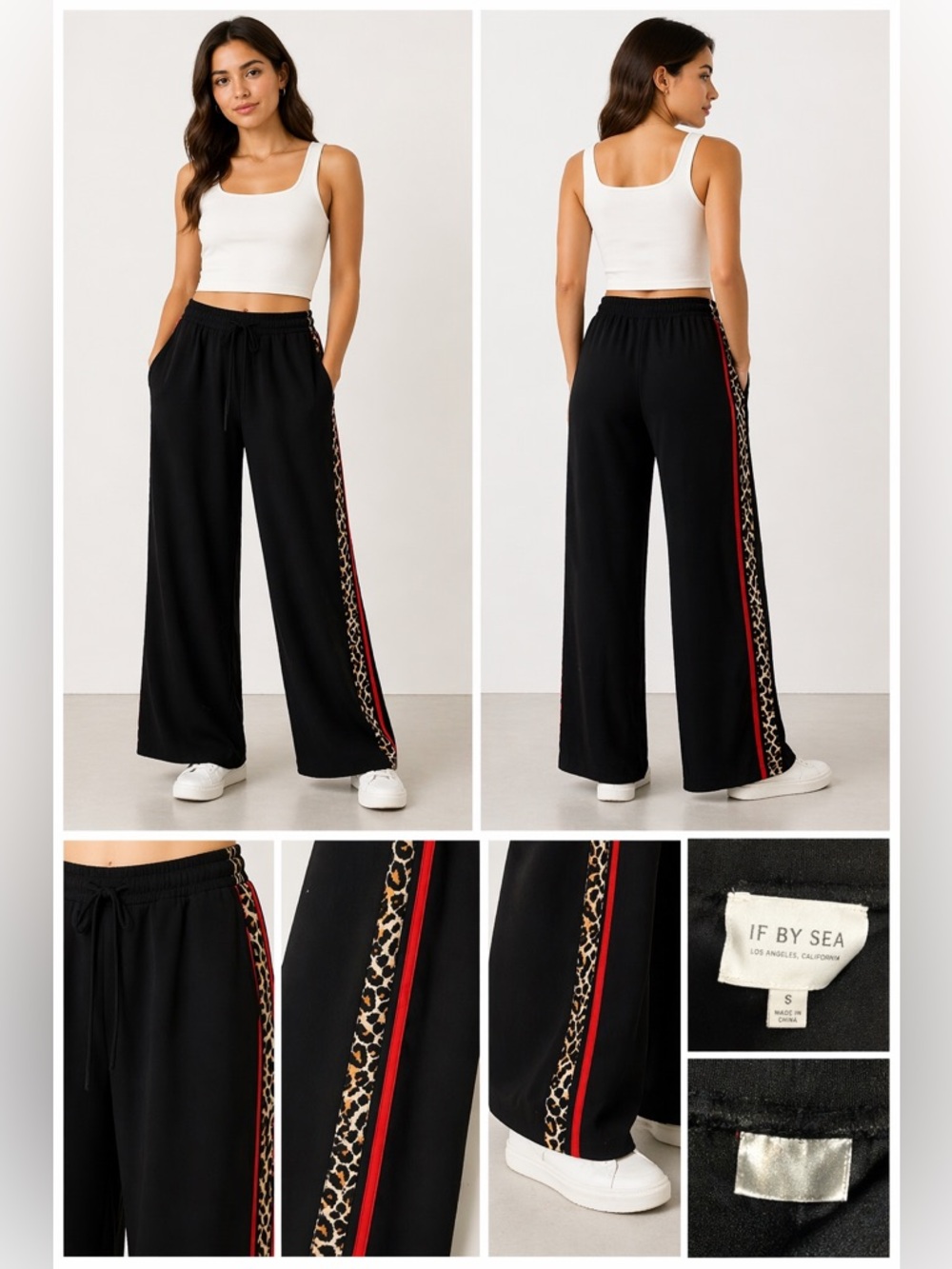 IF BY SEA Black Wide Leg Pants Side Stripe Leopard Trim Size S